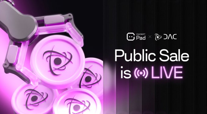 A promotional graphic advertises a 'Public Sale is LIVE' for the CHARGIFT Pad x DAC, featuring a glowing pink device with eye logos.