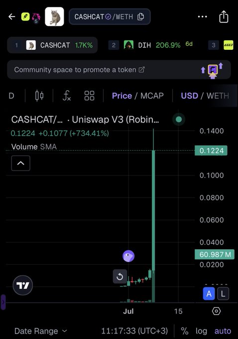 A DexScreener chart for the CASHCAT/WETH trading pair on Uniswap V3, showing a massive price spike with a 734.41% increase to 0.1224 USD.
