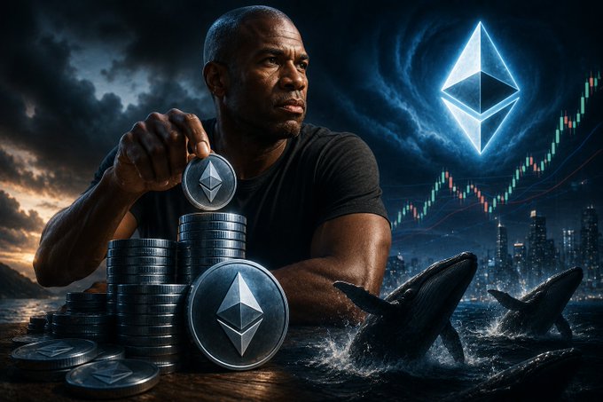 A digital artwork featuring Denzel Washington holding Ethereum coins, with whales in ocean water and the Ethereum logo alongside a financial chart in the background.