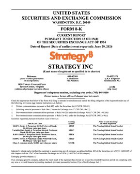 The image is a SEC Form 8-K Current Report filed by Strategy, Inc. (formerly MicroStrategy) on June 29, 2026, disclosing the terms of a registered offering of 28,011,358 shares of its 10.00% Series A Perpetual Strike Preferred Stock (ticker: STRF), with a price of $85.00 per share, totaling approximately $2.38 billion.

The filing relates to the Chinese post noting that $MSTR and $STRC surged nearly 10% in pre-market trading on Strategy's new capital-raising plan, though the image specifically pertains to the **STRF** preferred stock offering rather than STRC, providing the official SEC documentation behind Strategy's latest fundraising effort to continue accumulating Bitcoin (which currently stands at 847,363 BTC).