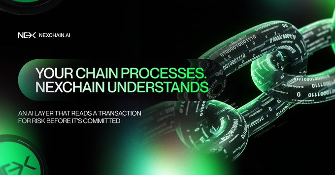 The image is a sleek, dark-themed promotional banner for **Nexchain.ai**, featuring a glowing green blockchain graphic overlaid with binary code. The headline reads **"YOUR CHAIN PROCESSES. NEXCHAIN UNDERSTANDS,"** with a subheading stating **"AN AI LAYER THAT READS A TRANSACTION FOR RISK BEFORE IT'S COMMITTED,"** visually reinforcing the post's message that Nexchain goes beyond processing to actively analyze and flag risk in real time.