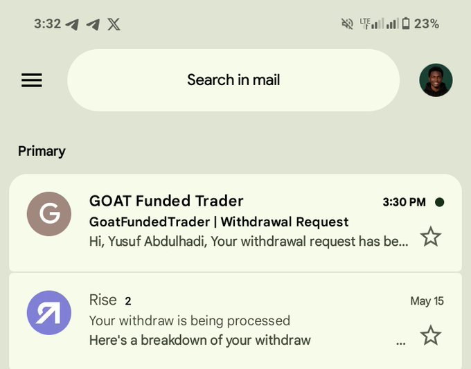 The image shows a cellphone displaying multiple notifications including emails from a goat funding trader. The email is about a payment request for an initial deposit, which has been processed. The text in one of the emails suggests that there might be another payment due soon or a payment already received. The emails also contain various other texts and information related to the payments made by goatFunded Trader.