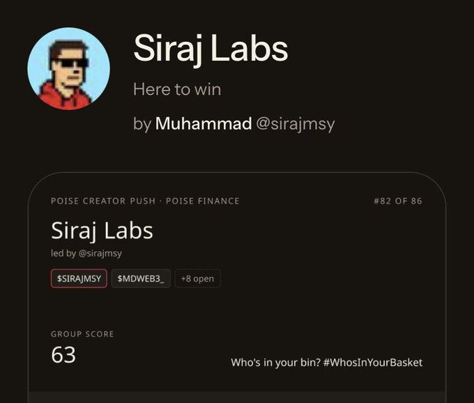 A profile card for "Siraj Labs" led by Muhammad (@sirajmsy), ranked #82 of 86 on Poise Creator Push under Poise Finance, with a group score of 63 and tickers $SIRAJMSY and $MDWEB3. The image illustrates the creator's presence on Poise Finance's platform, supporting the post's message about gathering and testing diverse market views within a collaborative group setting.