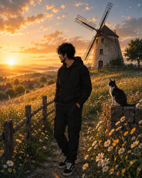 An illustration of a man in a black hoodie standing on a path at sunset near an old stone windmill, with a black and white cat perched on a stone wall nearby and daisies in the foreground.