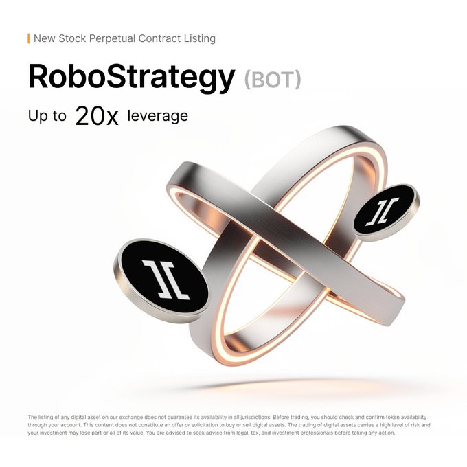 A promotional graphic announcing the listing of RoboStrategy (BOT) stock perpetual contract with up to 20x leverage, featuring a sleek metallic interlocking ring design with the "ROBOT" logo. The image aligns with Bybit's announcement of $BOTUSDT availability on their trading platform.
