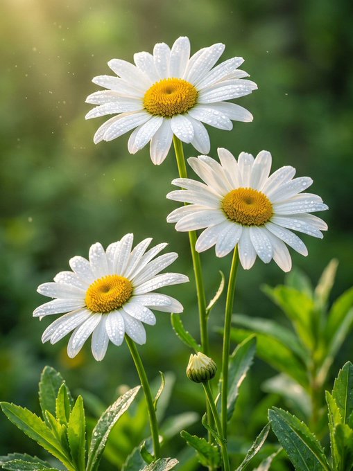 Three white daisies with bright yellow centers and dewdrops on their petals, set against a blurred green background with sunlight streaming through.