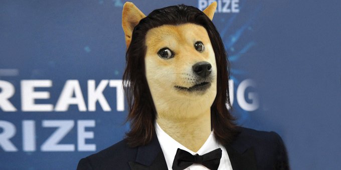 This image is a meme featuring the Doge character with a suit and tie in front of a backdrop with text partially visible, likely related to a "Breakthrough Prize". It visually represents the claim in the post that "DoOnlyGoodEveryday from VT is the real DOGE on Robinhood Chain!!"