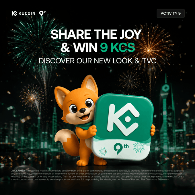 KuCoin's 9th Anniversary mascot, an orange fox-like character, holds the updated green app icon against a fireworks-lit skyline, promoting "Activity 9: Share the Joy & Win 9 KCS" as the grand finale event where users share screenshots of the new app icon with hashtags #KuCoin9th #BeyondTheSignal #9YearsOfKuCoin to participate.