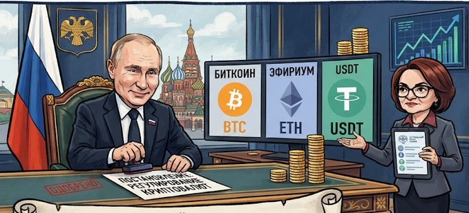 Vladimir Putin stamps a document titled "Regulation of Cryptocurrencies" while a woman presents screens showing Bitcoin (BTC), Ethereum (ETH), and USDT, indicating Russia's potential embrace of these digital assets.