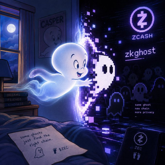 Promotional artwork for 'ZCASH zkghost' featuring the classic cartoon ghost Casper splitting into a pixelated ghost, with text reading 'some ghosts just find the right chain' and 'same ghost new chain more privacy'.