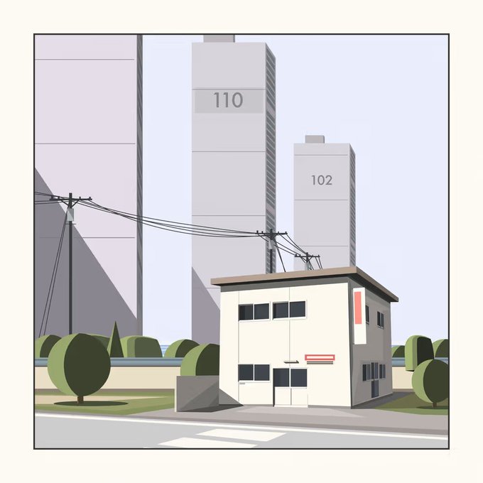 An illustration of a small two-story building with two tall towers behind it labeled '110' and '102', connected by power lines.