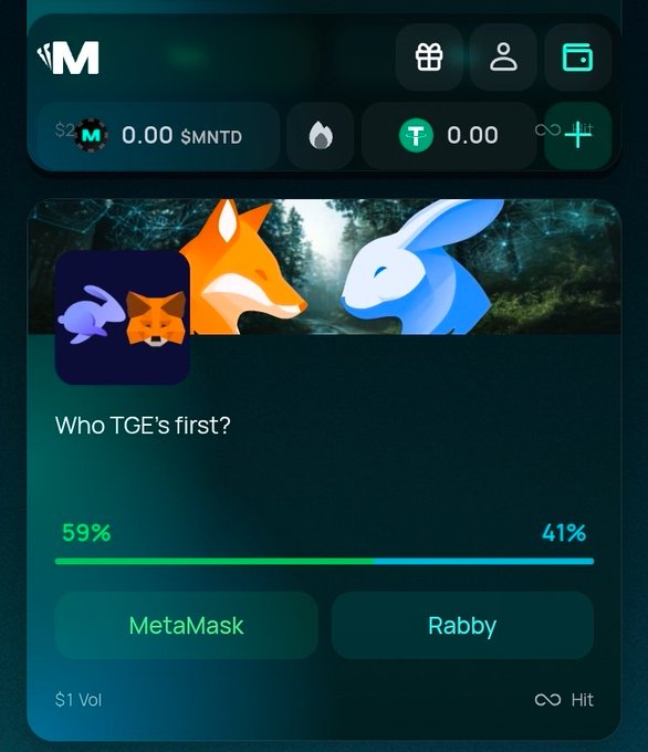 A digital wallet/prediction app interface asks 'Who TGE's first?' showing MetaMask leading with 59% (green) versus Rabby with 41% (blue), with foxes and rabbits illustrated at the top.