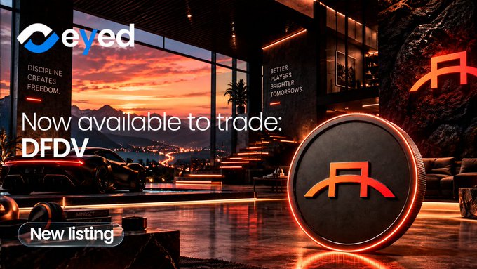 A promotional graphic for 'eyed' announces a new listing for 'DFDV' available to trade, featuring a large red coin logo against a luxurious modern interior.