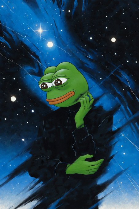 An illustration of the green Pepe the Frog character in dark robes against a blue starry background, reminiscent of a classic painting.