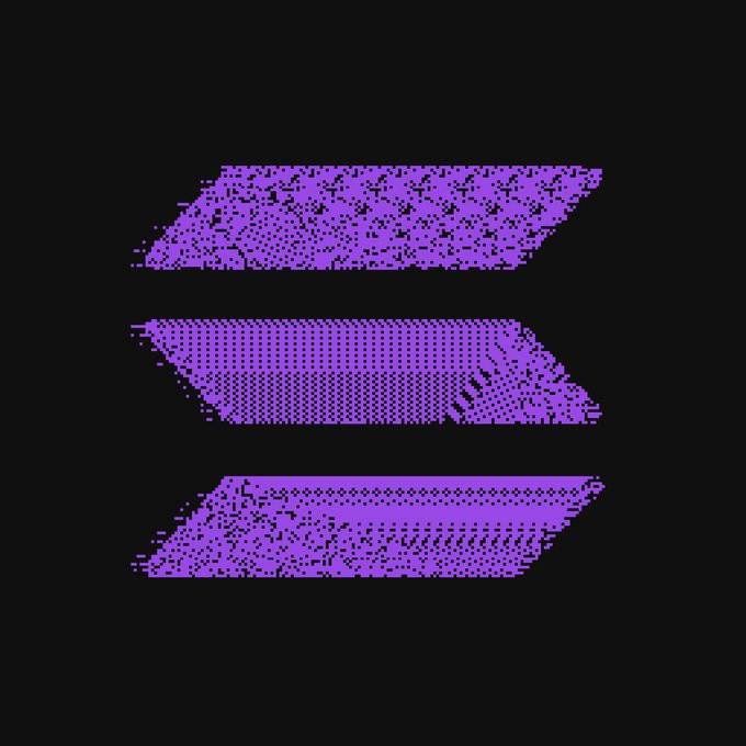 The image features three stacked purple parallelogram shapes composed of dotted patterns against a black background, resembling stylized geometric layers or stacked planes. The minimalist, crypto-inspired design visually reinforces the post's message of transformation and layered progress on the Solana blockchain.
