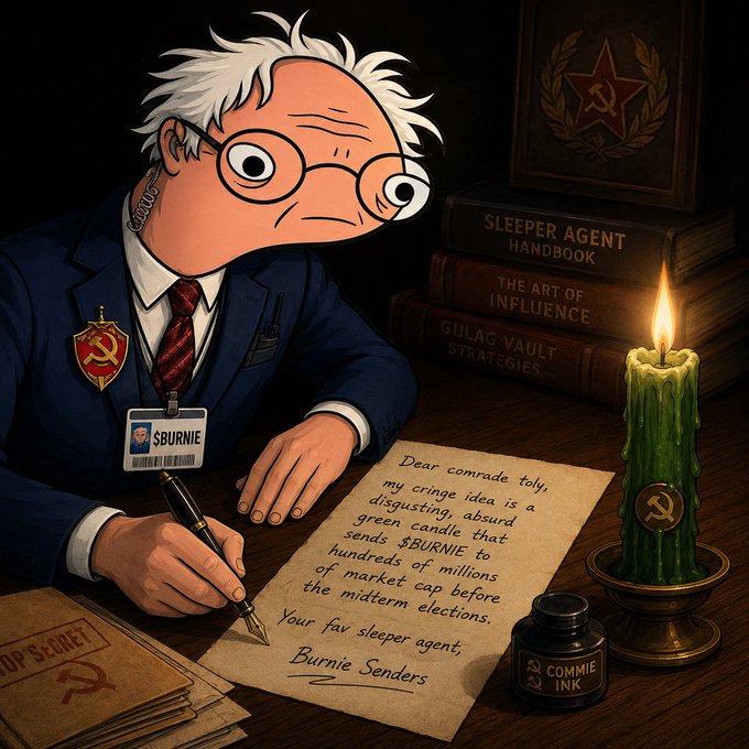 A cartoon-style caricature of Bernie Sanders, labeled with a name badge reading '$BURNIE' and wearing a Soviet hammer and sickle pin, writes a letter suggesting 'a cringey idea is a disgusting, absurd green candle' to influence 'the midterm elections'.