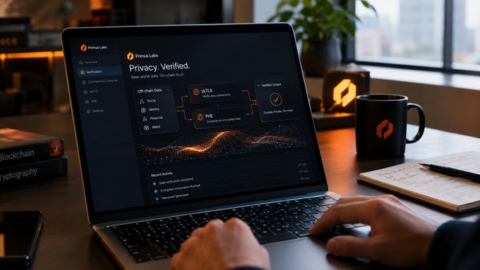 A person uses a laptop displaying a 'Privacy. Verified' dashboard with crypto/blockchain data on 'Primus Labs', next to a black mug with an orange logo.