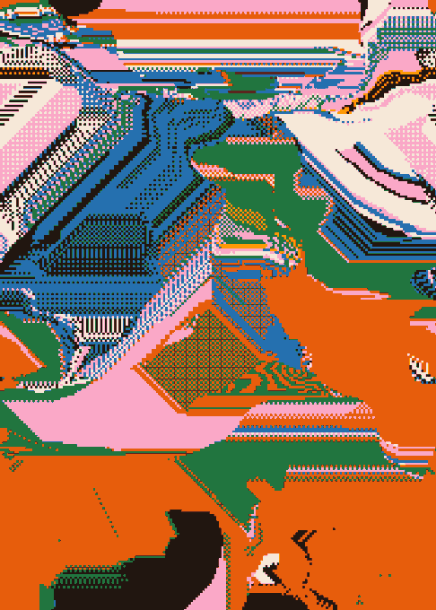 An abstract digital artwork featuring a chaotic mix of geometric shapes, patterns, and vibrant colors including orange, pink, green, and blue.