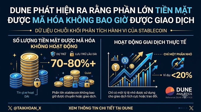 Vietnamese-language infographic from 'TAIKHOAN_X' citing Dune Analytics data, stating '70-80%+' of stablecoins have never been transacted on-chain, with less than '<20%' of them seeing real economic transaction activity.