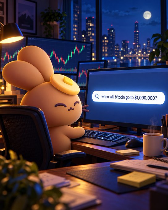 A cute egg-shaped mascot sits at a desk at night, searching "when will bitcoin go to $1,000,000?" on a computer while market charts glow in the background. The image humorously reflects the bold, speculative crypto questions users submit to the PancakeSwap "Mystery Stocks" feature, capturing the playful, late-night investor mindset.
