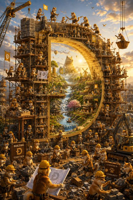 A fantasy digital artwork depicts small construction workers building a massive letter 'D' that frames a landscape with waterfalls, featuring signs like 'BUILDING D TOGETHER' and 'STRONG D COMMUNITY'.