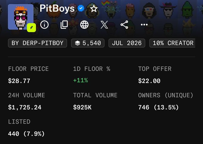 A screenshot of the "PitBoys" NFT collection on a trading platform shows a floor price of $28.77, a 24H volume of $1,725.24, and 746 unique owners (13.5%).