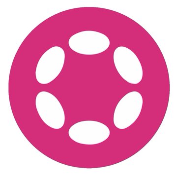 A pink/magenta circular logo featuring six white oval cutouts arranged in a ring pattern, resembling a stylized film reel or donut shape.