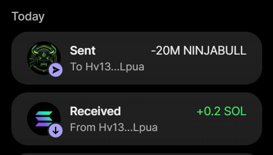 The image displays a crypto wallet transaction history showing a completed exchange of -20M $NINJABULL sent to "Hv13...Lpua" in exchange for +0.2 $SOL received, confirming the 20M NINJABULL purchase described in the post.