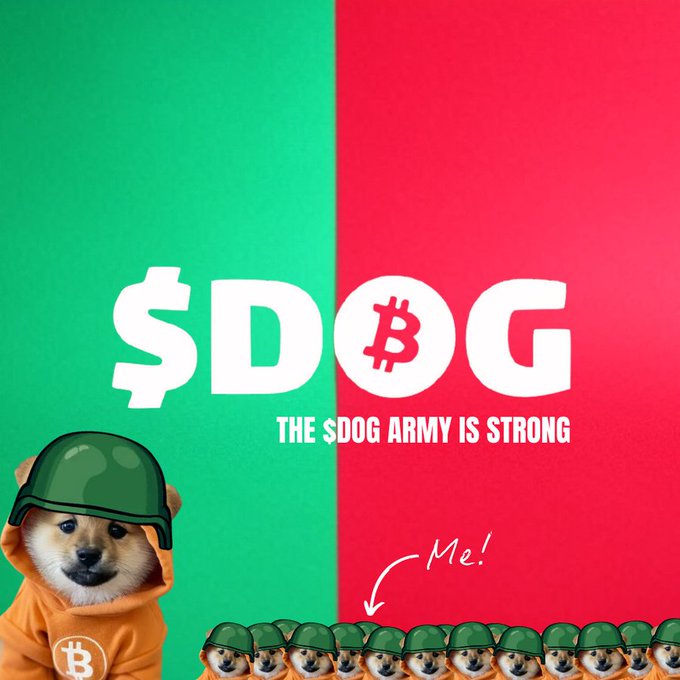 A split green and red promotional graphic for "$DOG" features a Shiba Inu in an orange Bitcoin hoodie and helmet in the bottom left, with a row of similarly dressed dog soldiers below labeled "Me!" and centered text reading "THE $DOG ARMY IS STRONG." The image visually reinforces the post's message of unwavering, two-year-long community conviction working to flip Dogecoin, using the army metaphor to emphasize the collective strength of the $DOG holders.