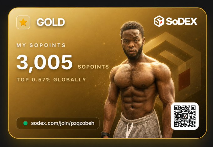 A gold-tier SoDEX membership card displays "3,005 SOPOINTS," placing the user in the "TOP 0.57% GLOBALLY," alongside a muscular man and the referral link "sodex.com/join/pzqzobeh." The card celebrates the Week 26 Sopoints distribution milestone, with the user's caption expressing excitement about claiming rewards and upcoming S2 announcements.