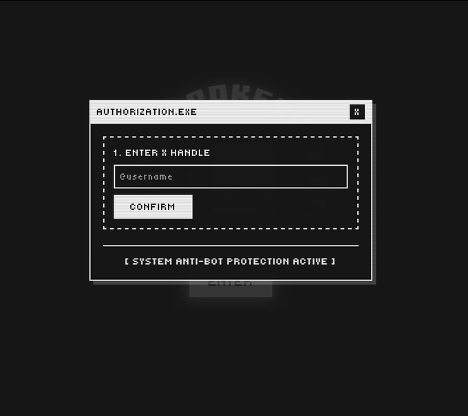 A retro pixel-art style "AUTHORIZATION.EXE" login window prompts the user to "ENTER X HANDLE" with a username field and "CONFIRM" button, displaying "[ SYSTEM ANTI-BOT PROTECTION ACTIVE ]" beneath. The mock authentication screen relates to the NOIR BROKERS NFT project's 1930s-themed broker collection, illustrating the kind of anti-bot verification gate that early-stage free mints often require to secure legitimate participants.