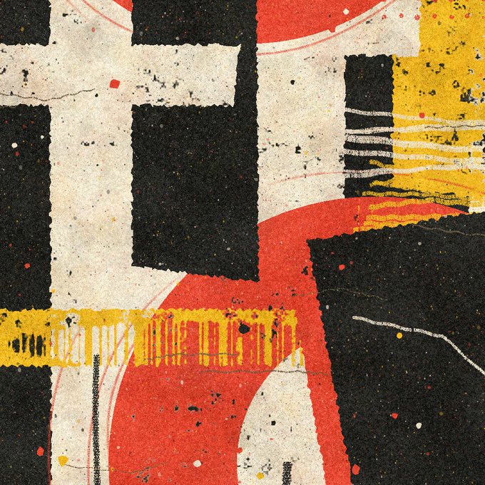An abstract artwork featuring bold geometric shapes in black, white, red, and yellow, with textured brushstrokes and paint splatter effects.