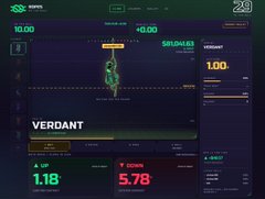 A digital trading interface displays a candlestick chart for VERDANT with a price of 1.18 and a change of +0.00. The chart includes a marker labeled 'SIRI/ALEX' and shows metrics such as a 'TREND' value of 5.78, a 'SWING' percentage of 1.00%, and a balance of 10,000.