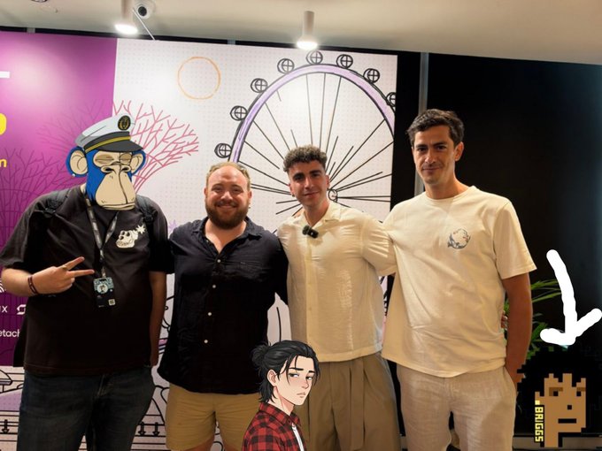 Three men pose together in front of a colorful wall mural featuring a Ferris wheel design, with two of their faces covered by cartoon character filters (a sailor monkey and an anime-style character) to obscure their identities, supporting the post's caption about providing "proof" of a Solana Summit submission while keeping participants anonymous. A "BitBoy" logo appears in the bottom right corner.