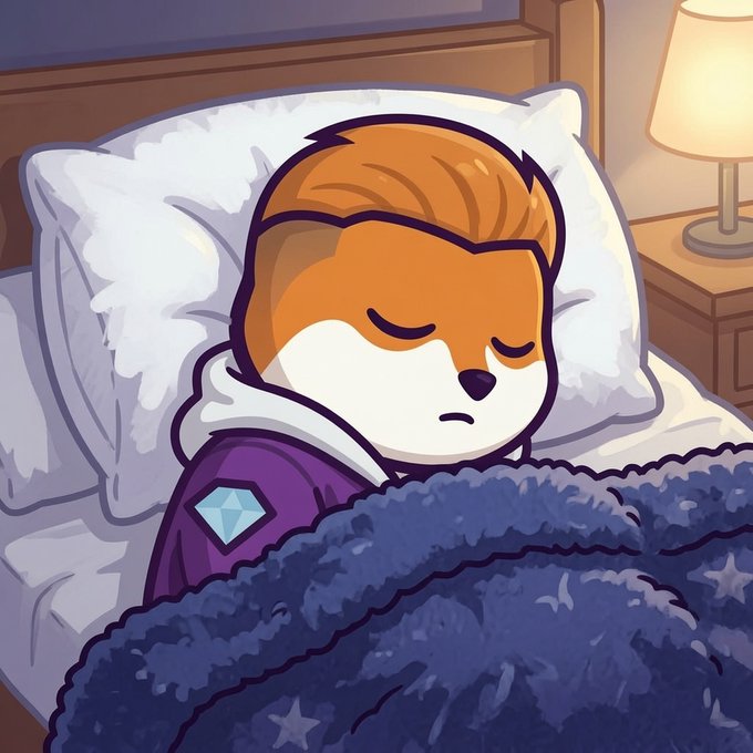 A digital illustration of a dog-like character with orange fur and closed eyes sleeping in a bed under a star-patterned blanket.