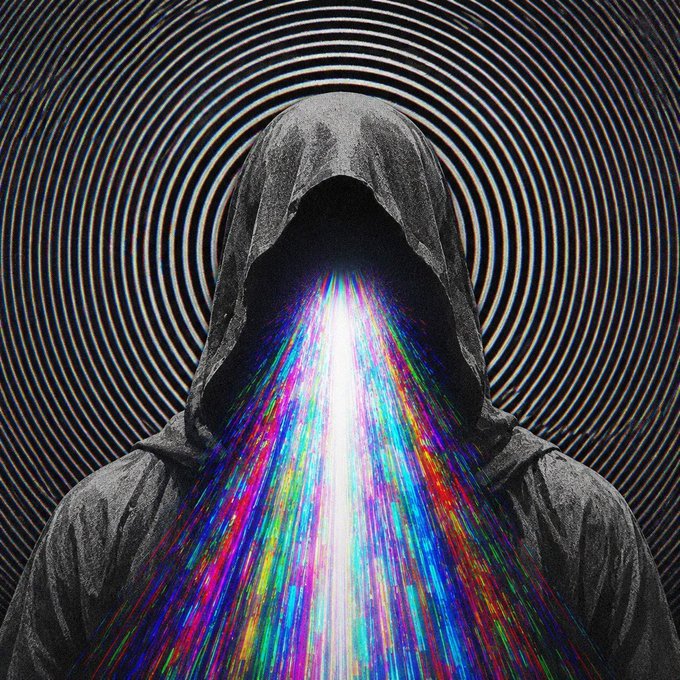 A hooded figure in black radiates a vibrant, multicolored beam of light from its concealed face, set against a hypnotic background of black and white concentric circles.