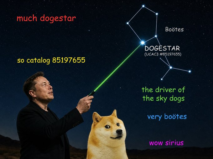 A meme image featuring Elon Musk pointing a green laser at the constellation Canis Major (labeled 'DOGESTAR UCAC3 #85197655'), accompanied by a Shiba Inu dog and humorous text including 'much dogestar', 'Boötes', 'the driver of the sky dogs', 'very boötes', and 'wow sirius'.