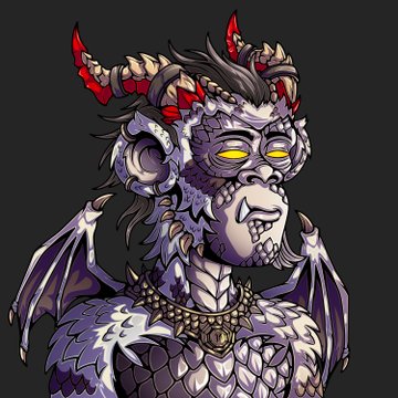 Illustration of a grey-skinned demon-like character with red horns, yellow eyes, fangs, bat wings, and a spiked collar.