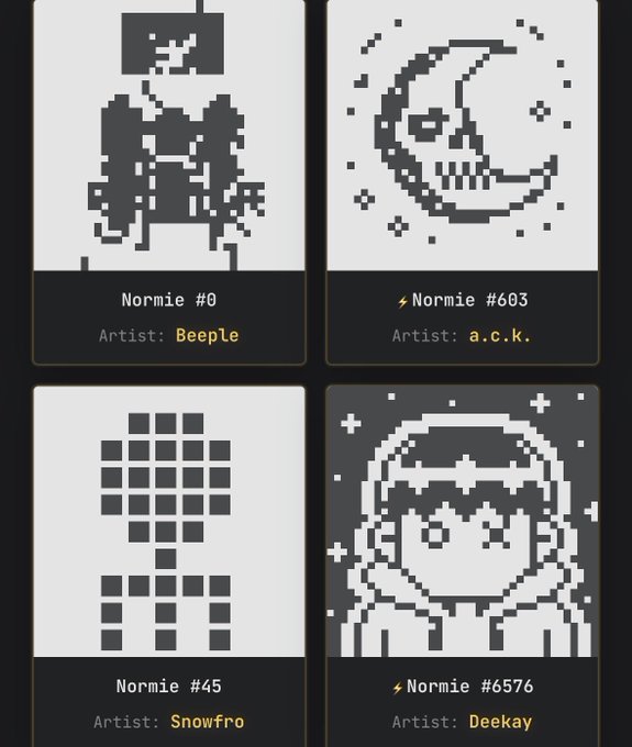 Four pixel art NFT cards labeled Normie #0 (Artist: Beeple), Normie #603 (Artist: a.c.k.), Normie #45 (Artist: Snowfro), and Normie #6576 (Artist: Deekay).