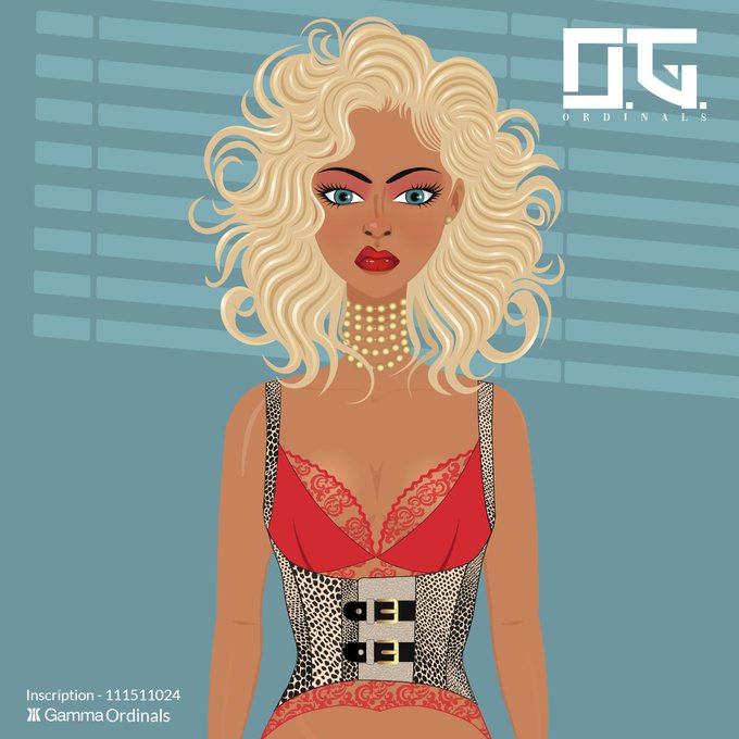 A digital illustration by GammaOrdinals (Inscription - 111511024) depicts a blonde woman with curly hair wearing a red lace lingerie set under a leopard-print corset and a pearl choker.