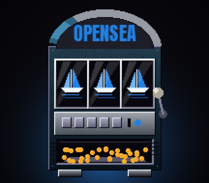 A pixel art slot machine displaying three matching sailboat symbols with the word 'OPENSEA' illuminated at the top.
