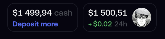 A financial dashboard widget shows a cash balance of $1,499.94 with a 'Deposit more' link next to a portfolio value of $1,500.51, indicating a 24-hour gain of $0.02.