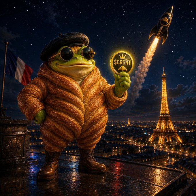 Whimsical digital illustration of a chubby frog wearing a beret, sunglasses, and a brown puffer coat, holding a glowing '$CRSNT' coin with the Eiffel Tower and a launching rocket in the Paris background.