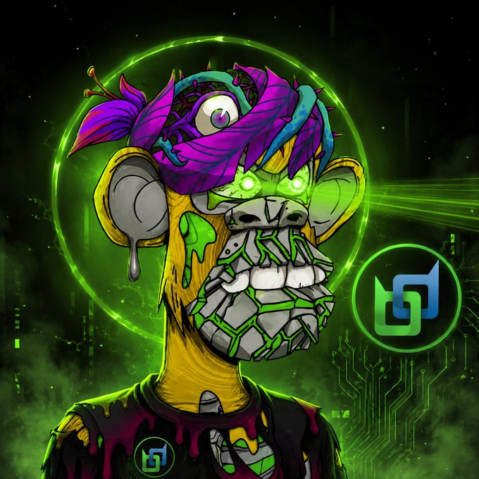 A digital illustration of a chaotic, mutated cartoon ape character with glowing green eyes, metallic teeth, and colorful hair, set against a neon green tech-themed background with a logo.