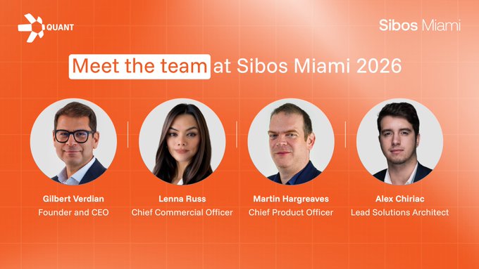 An orange promotional graphic titled 'Meet the team at Sibos Miami 2026' for Overledger Quant, featuring headshots of Gilbert Verdian (Founder and CEO), Lenna Russ (Chief Commercial Officer), Martin Hargreaves (Chief Product Officer), and Alex Chiriac (Lead Solutions Architect).