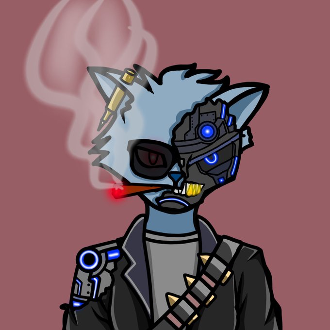A digital illustration of an anthropomorphic blue cat-like cyborg character with a glowing red mechanical eye, smoking a cigarette, and wearing a cybernetic eyepatch, a black jacket, and a bandolier of ammunition.