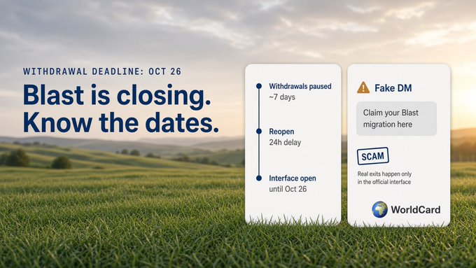 Announcement graphic stating 'Blast is closing. Know the dates' with a withdrawal deadline of October 26, showing withdrawals paused for ~7 days, 24-hour reopen delay, and interface open until Oct 26, alongside a fake DM scam warning for WorldCard.
