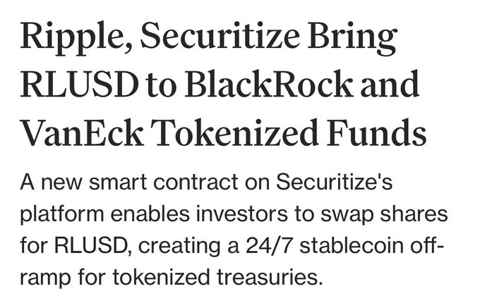 The image features a white background with black text that reads "Ripple, securitize bring RLSD to BlackRock and VanEck tokensized funds". The text is written in a blocky font style, which makes it stand out against the white background. The main focus of the image is on the title of the post, which highlights the connection between Ripple and VanEck tokensized funds.