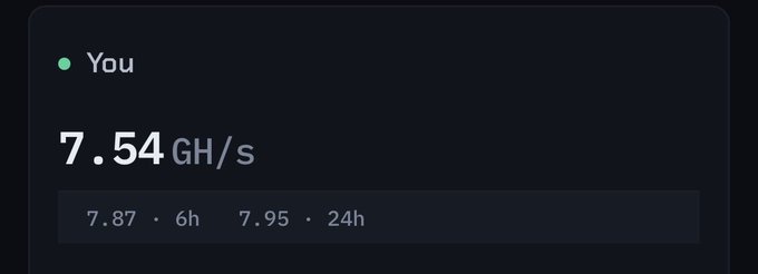 A dashboard display showing a current hashrate of '7.54 GH/s' with comparison metrics of '7.87 • 6h' and '7.95 • 24h' under a green 'You' indicator.