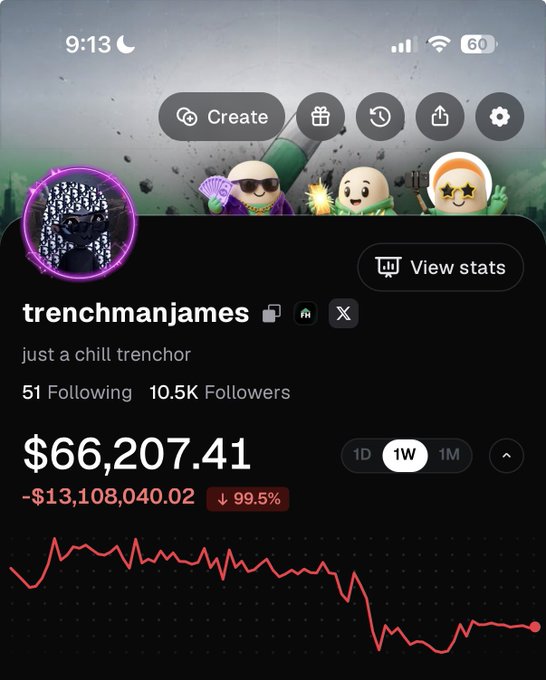 The image shows a Robinhood profile for "trenchmanjames" with the bio "just a chill trenchor," displaying a portfolio value of $66,207.41 and a brutal 1-week loss of -$13,108,040.02 (down 99.5%), shown by a plunging red chart. The caption sarcastically claims to have "made people millionaires," when the screenshot ironically reveals the account holder suffered catastrophic losses — the opposite of wealth creation.